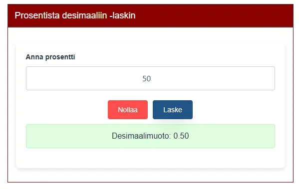 Prosentista desimaaliin -laskin